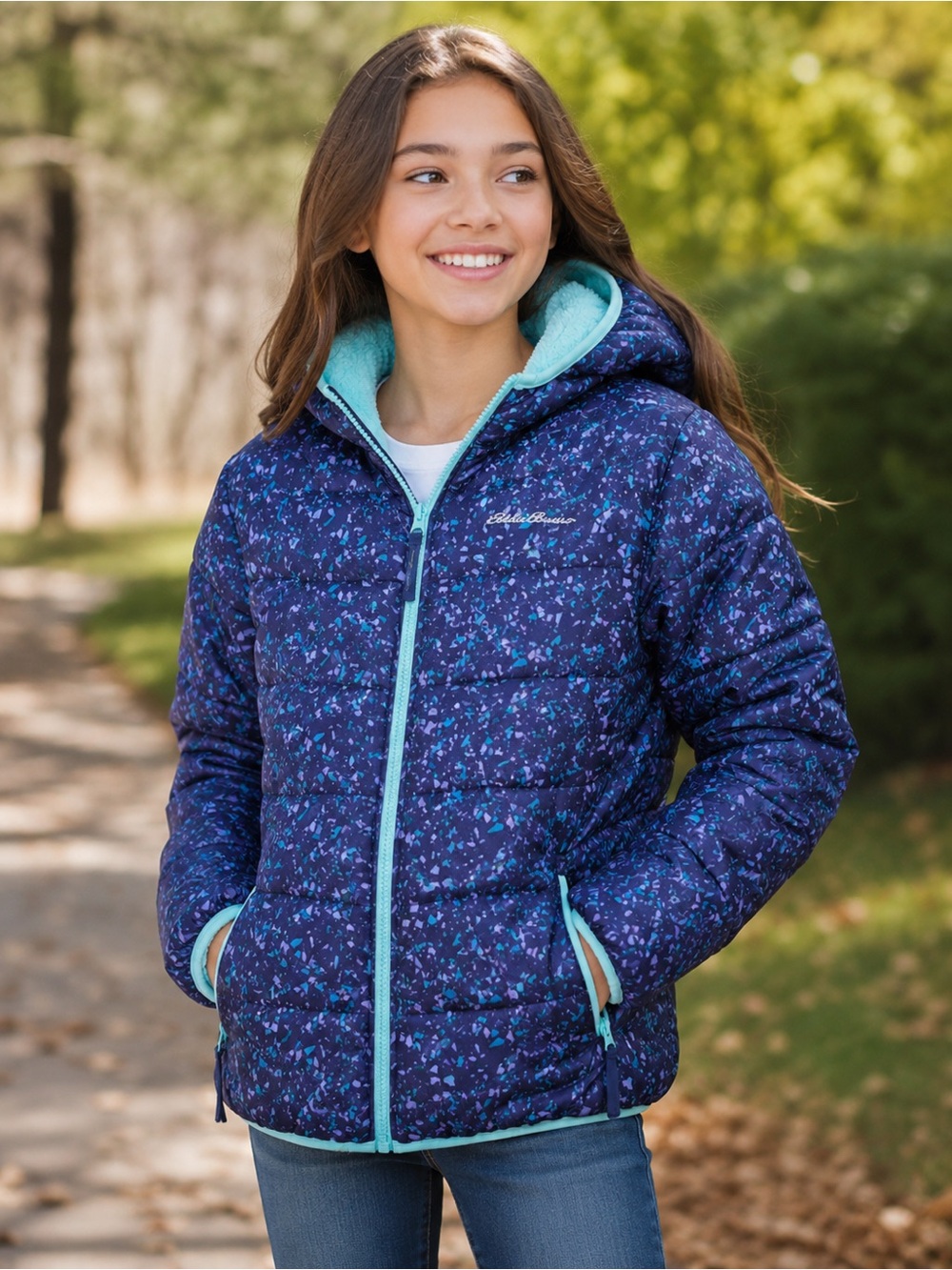 Eddie Bauer Kids Girls Hooded Puffer Jacket Fleece Lined Blue Size L 14/16
